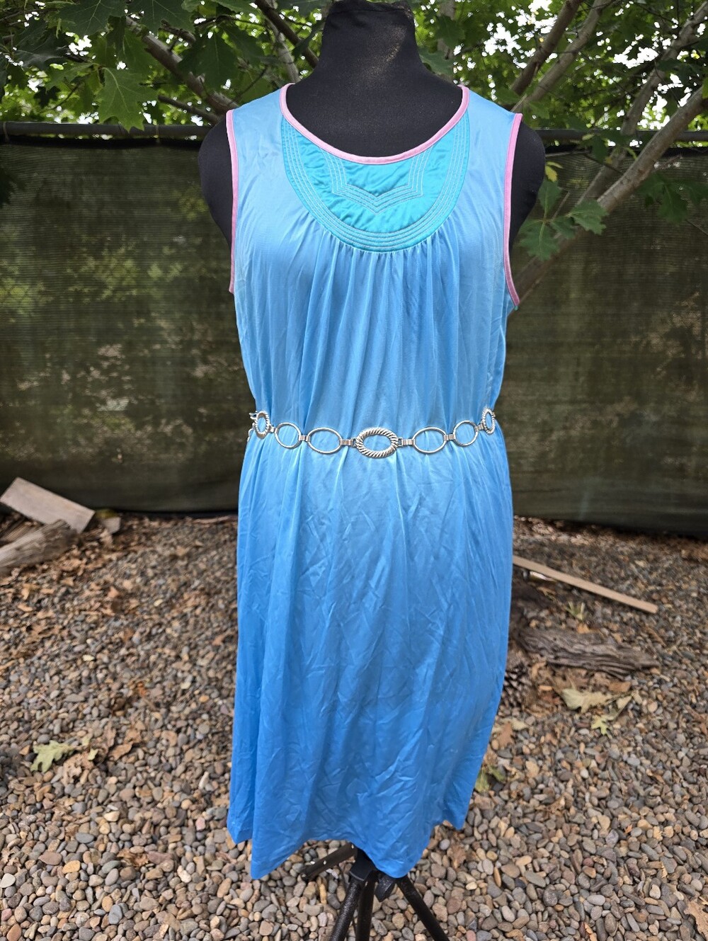 Vtg 60's Slip Dress Nightgown Quilted Yoke Blue Mermaid Fairy Grunge Soft Girl